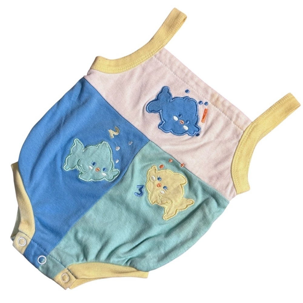 Vintage 1991 Lovespun Baby Colorblock Romper Applique Animals 6–9 Months Pastel
